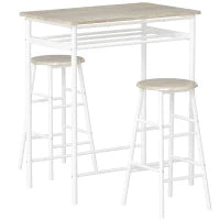 Set Bancone Bar e 2 Sgabelli Alti in Legno Stile Nordico con Mensola e Poggiapiedi, Bianco
