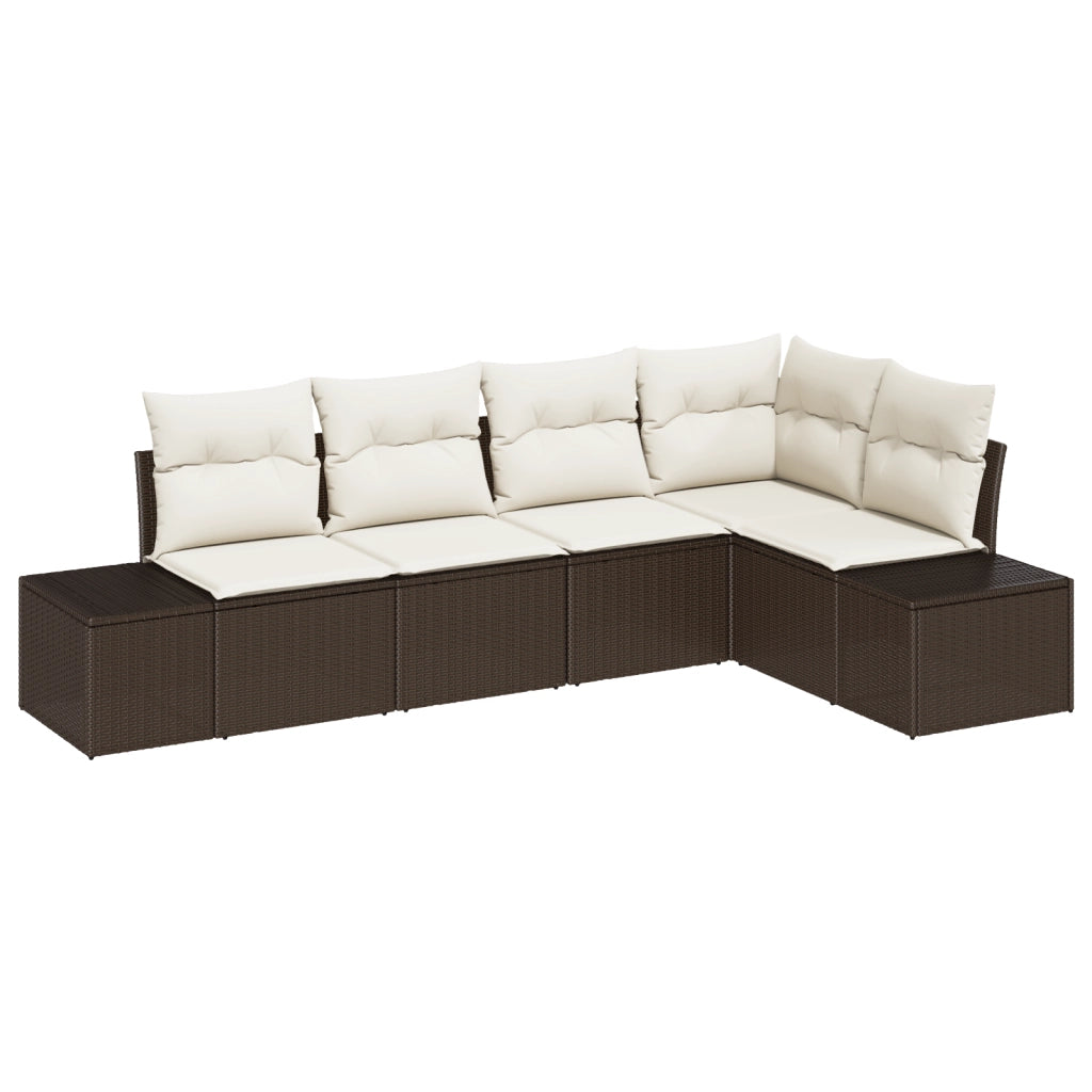 Set Divano da Giardino 5 Pezzi con Cuscini Marrone Polyrattan