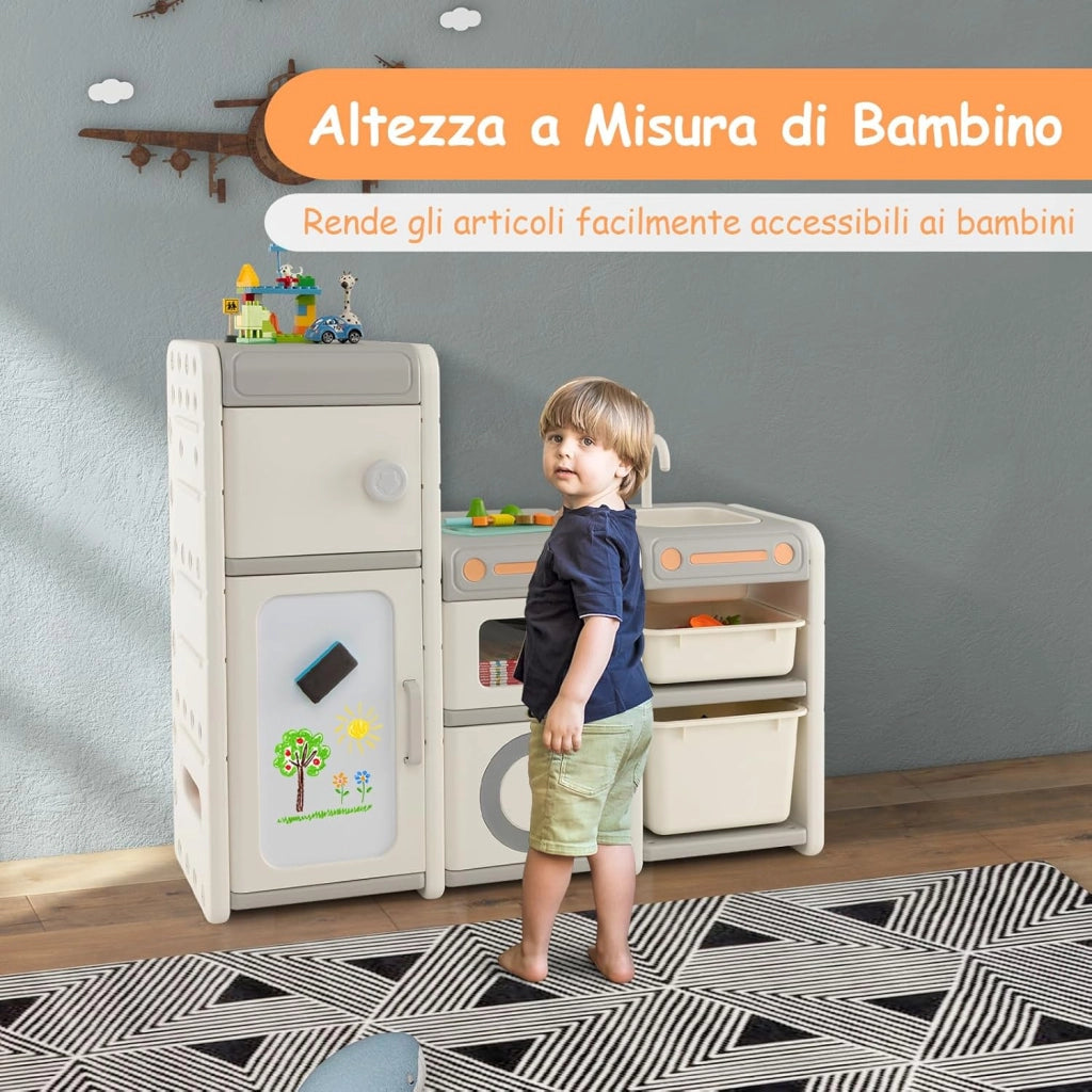 Mobile Porta Giochi per Bambini, Scaffale e Libreria Giochi Multiuso con Lavagna Magnetica Lavello e Rubinetto Rimovibili, Ante e Contenitori, Mobile per Bambini con Pennarelli e Cancellino