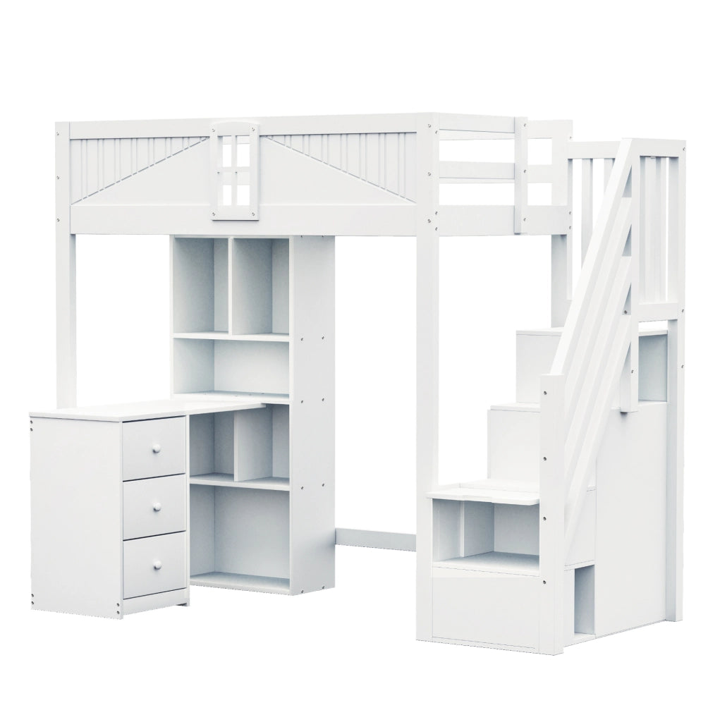 Letto a soppalco 90x200 cm in legno bianco con scrivania; cassetti e armadi laterali