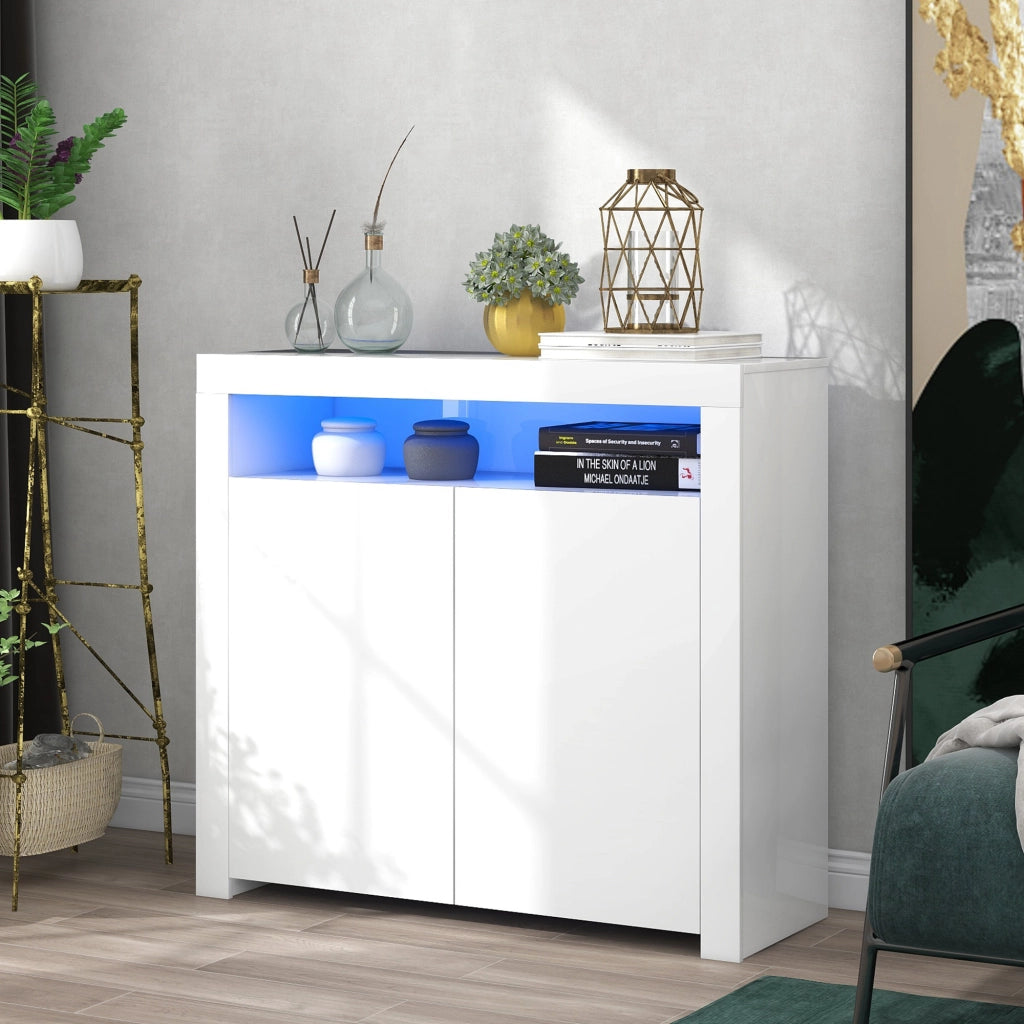 Credenza con 2 ante; vano aperto; LED e USB - per soggiorno - 108x40x92 cm - bianco