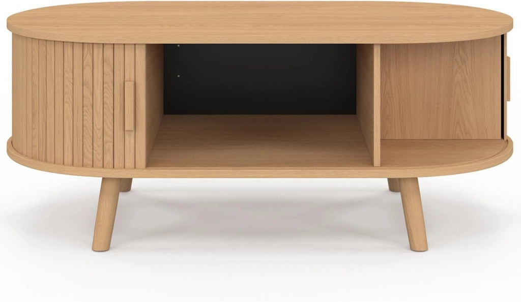 Tavolino ovale ROMIE, 100 cm, 2 ante scorrevoli, doghe in legno color rovere