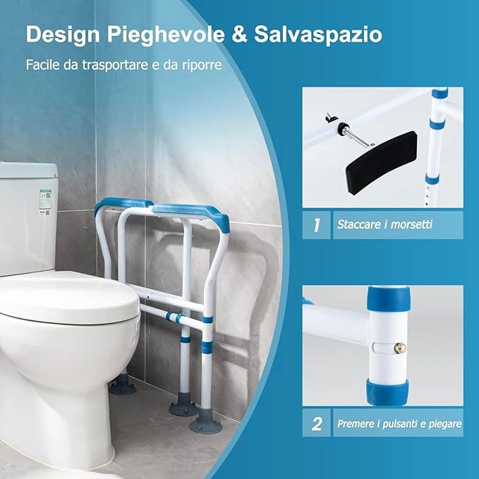 Supporto di Sicurezza Telaio Autonomo per WC, Supporto per WC Regolabile in Altezza e Larghezza con Cinghia di Fissaggio, Con Ventose Antiscivolo (Blu)
