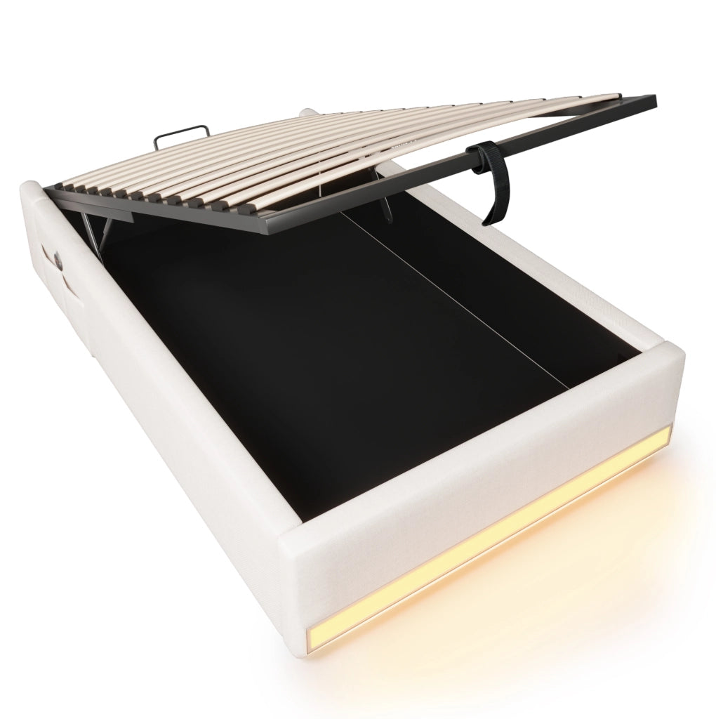Letto imbottito 90x200 cm in lino con LED; porte USB e Type-C; contenitore idraulico; beige