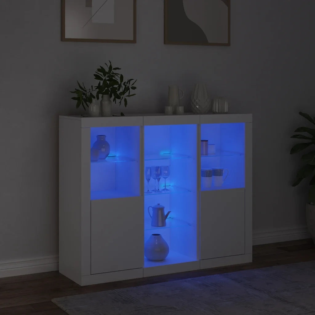 Credenze con Luci LED 3 pz | Madia | Buffet da pranzo | Armadio da pranzo Bianche in Legno Multistrato