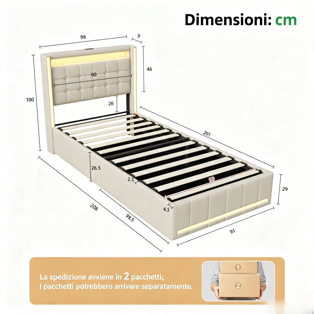 Letto singolo 90x200 cm con contenitore e LED  struttura letto con testiera e USB  letto contenitore in acciaio-beige