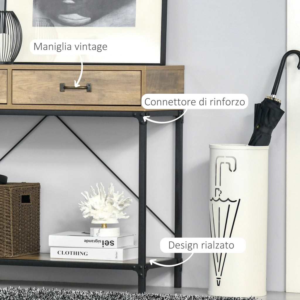 EasyComfort Tavolo Consolle Stile Vintage in Metallo e Legno con 2 Cassetti e Mensola, 100x35x76.5cm, Marrone