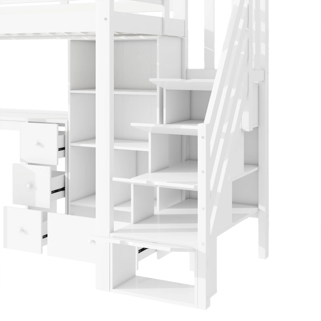 Letto a Soppalco 90 x 200 cm; Letto Singolo con Scrivania; Scala Contenitore; Cassetti e Ripiani; senza Materasso