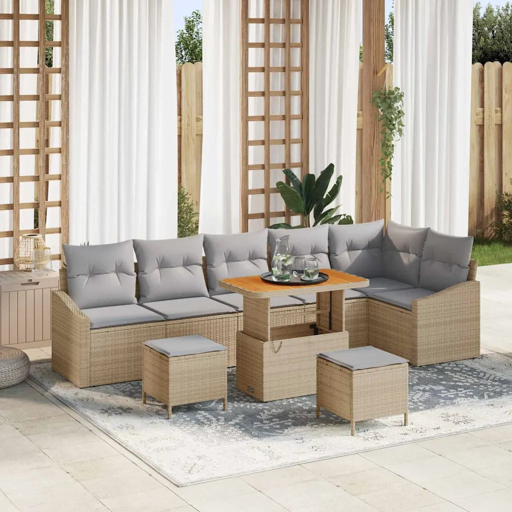 Set Divano da Giardino con cuscino 9 pcs Beige Poly Rattan