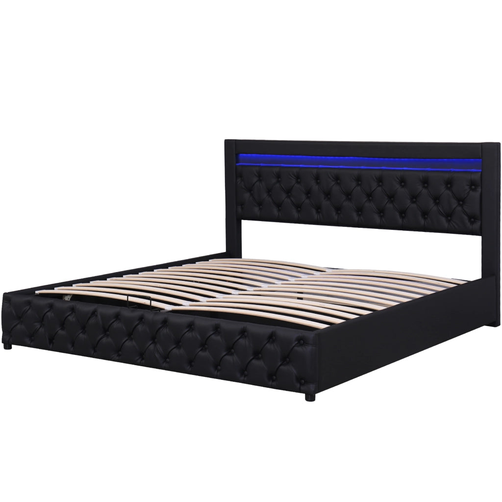 OKWISH Letto Contenitore 140×200 cm, Letto Matrimoniale con LED Regolabile e Vano Contenitore, senza Materasso, in PU, Nero