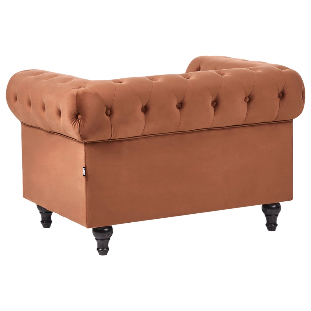 Set soggiorno Chesterfield Rivestimento in velluto marrone dorato Gambe nere Divano a 3 posti + poltrona