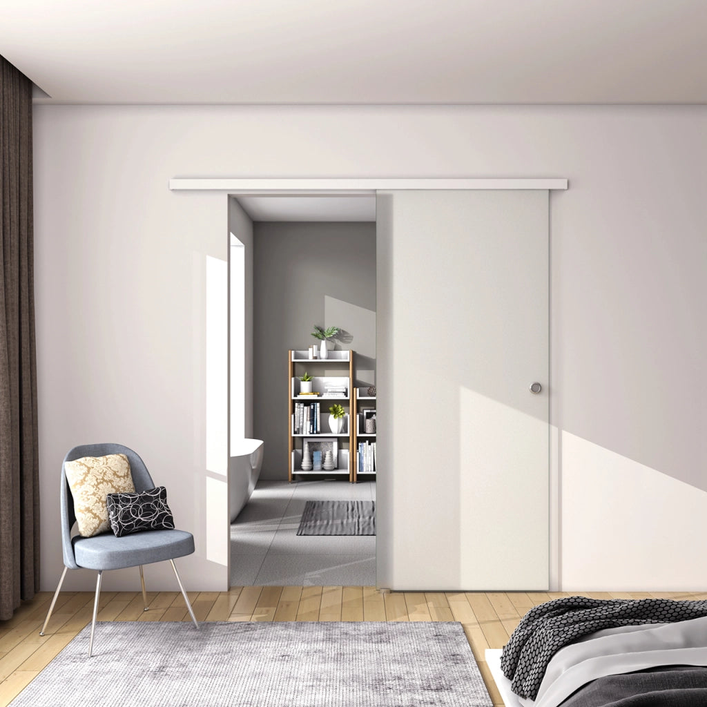 90x225 cm Porta Scorrevole in Vetro da 8 mm Temperato Opaco con Pellicola Anti-frantumi con Binario in Alluminio Bianco Verniciato