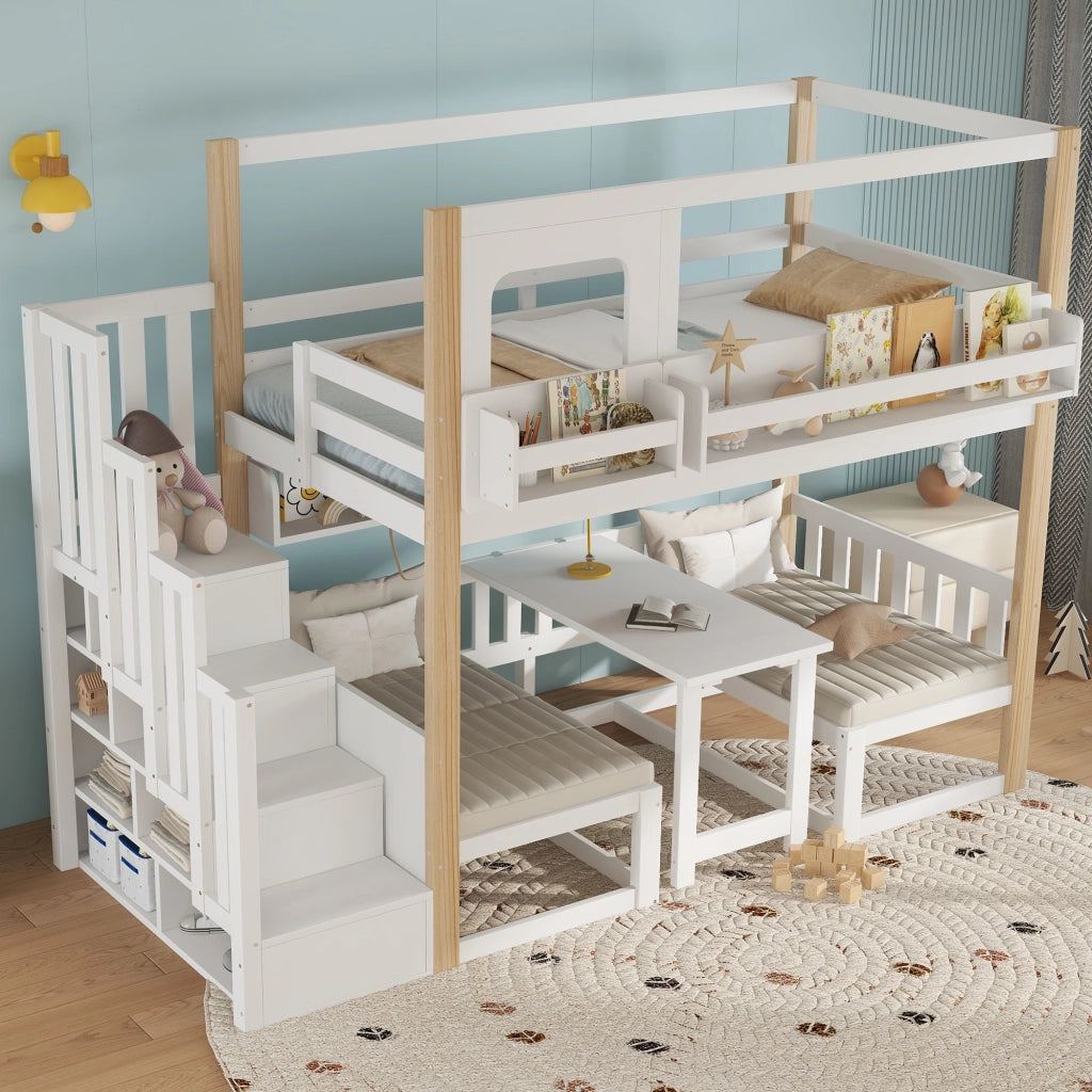 Letto a soppalco per bambini 90 × 200 cm con tavolo pieghevole, scala contenitore et sponde di sicurezza, senza materasso, bianco naturale