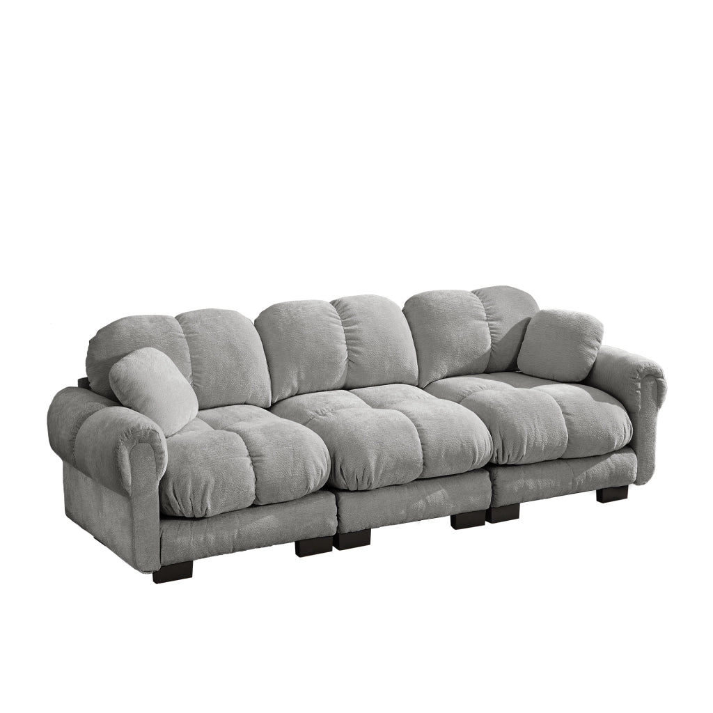Divano modulare 3 posti con design trapuntato e seduta imbottita in ciniglia grigio chiaro