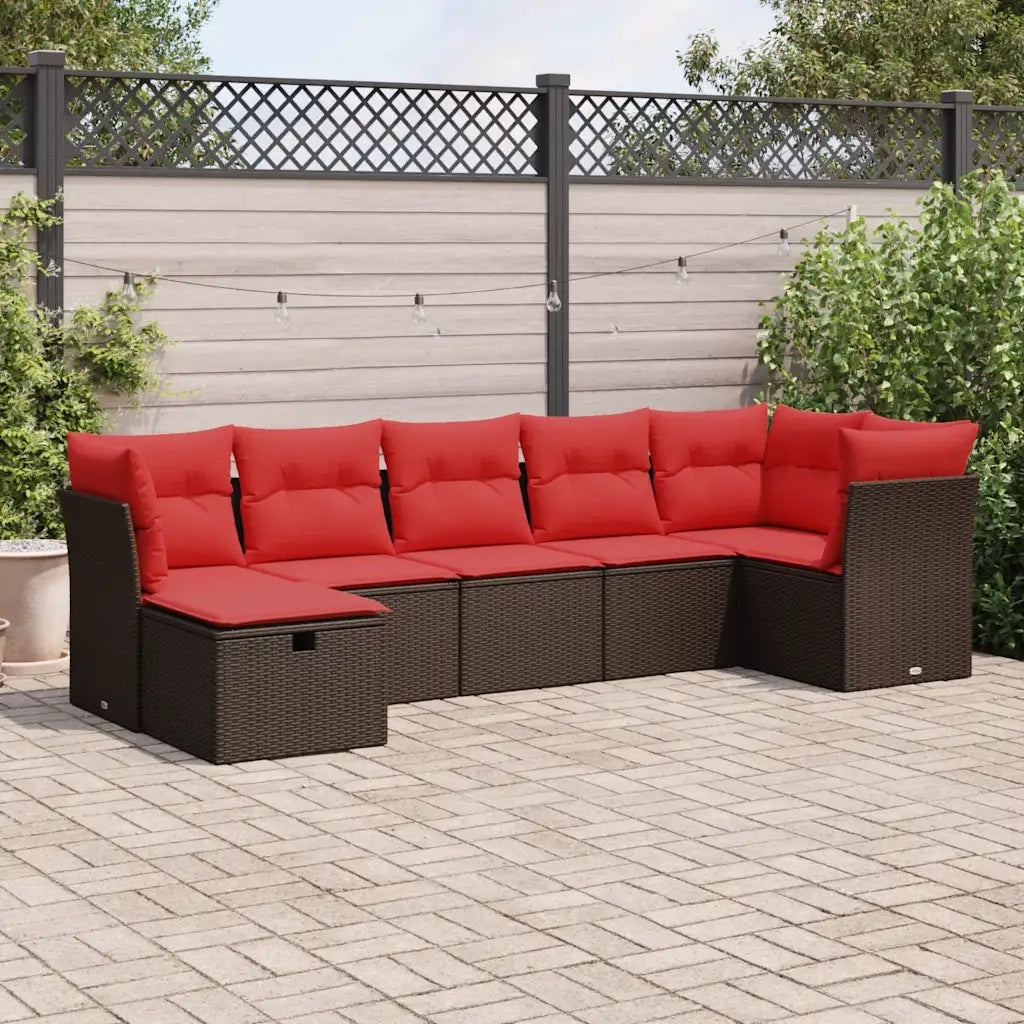 Set Divani da Giardino 7 pz con Cuscini Marrone in Polyrattan