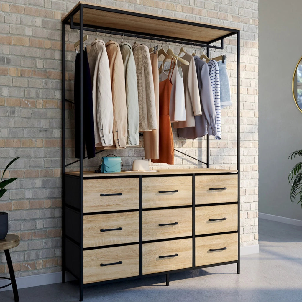 IDMarket - Armadio 115 cm UTAH con 9 cassetti in legno e tessuto nero