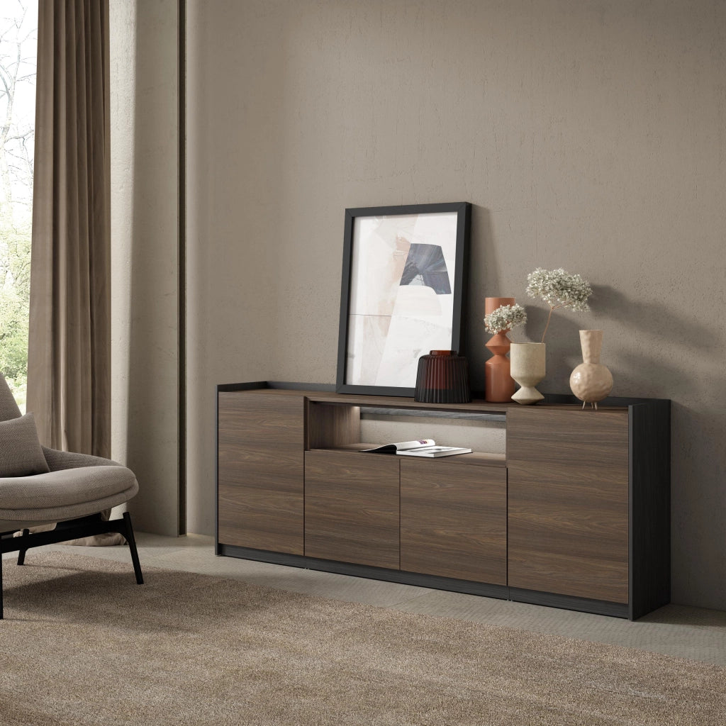 Credenza, Mobile, Cucina, 207x80x37 cm, 4 Porte, LED, Rovere scuro e Nero