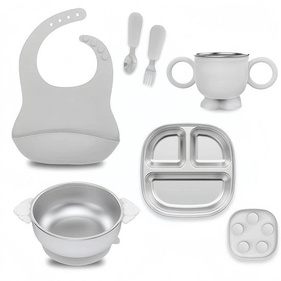 Set di piatti per bambini 6 pezzi, antiaderente con foro di aspirazione, in acciaio inox 304, grigio.
