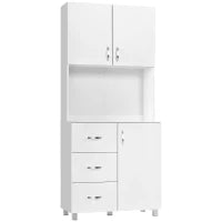 Credenza da Cucina e Soggiorno, Credenza Moderna in Legno Bianco, 2 Armadietti, Mensole Regolabili, 1 Ripiano Aperto e 3 Cassetti, 80x39.5x183.5cm