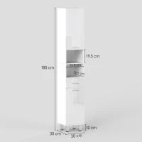 kleankin Colonna Bagno con Cassetto, 2 Ripiani Aperti e 2 Armadietti a 2 Livelli, in Legno, 30x30x180 cm, Bianco Lucido