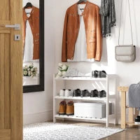 Scarpiera a 3 livelli, con ripiani a listelli, in legno di pino, 70 x 26 x 57,5 cm, Bianco