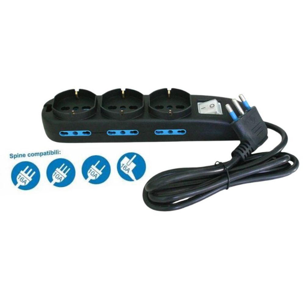 Multipresa 9 posti con 3 uscite polivalenti e 6 bipasso 10/16a lunghezza 1.5mt