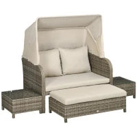 Set da giardino 4 pezzi con divano 2 posti, 1 poggiapiedi, 2 tavolini con cuscini, beige e marrone