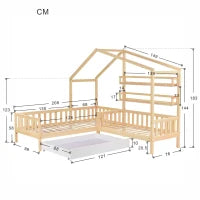 Letto per bambini a forma di casetta con cassetti e scaffali, senza materasso, 90x200 cm + 140x70 cm,naturale