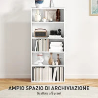 Mobile Libreria a 5 Ripiani con 3 Scaffali Flessibili, in Legno, 60x24x133.5 cm, Bianco