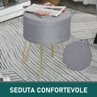 Homcom Sgabello Rotondo con Vano Contenitore in Tessuto Grigio e Oro 36x36x45cm