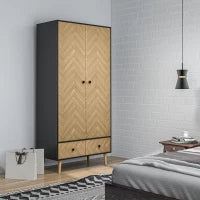 Armadio 2 Ante In Legno Con 4 Ripiani, 2 Cassetti e Appendiabiti, Grigio Scuro, 90x50x190 cm