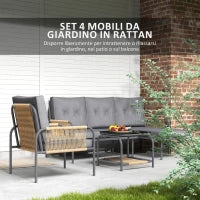 Salotto da Giardino 4 Pezzi in Rattan con Divano, Chaise Longue, Poltrona e Tavolino con Cuscini, Grigio