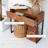 Consolle da Ingresso Minimal con Cassetto, in Legno e Acciaio, 80x30x76 cm, Color Legno e Nero