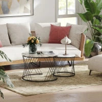 Set di 2 tavolini nidificati rotondi Ø 70/44,5 cm con piano effetto marmo e piedi in metallo, grigio e bianco