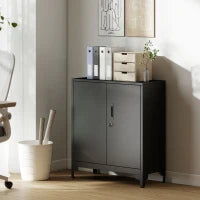Armadietto da ufficio in metallo, porte chiudibili, cassettiera da ufficio, design a due livelli, Nero