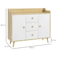Credenza Moderna in Truciolato e Legno di Pino con 3 Cassetti e 2 Armadietti a 2 Livelli, 90x32x80A cm