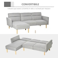 Divano Letto 3 Posti, Divano Angolare in Tessuto Grigio con Schienale Regolabile, Stile Scandinavo, 207x146x80cm