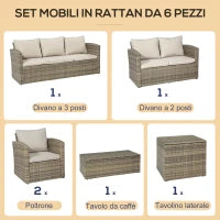 Set da Giardino 6 Pezzi in Rattan con Divani, Poltrone e Tavoli Contenitore, Beige