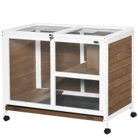 Conigliera a 2 Livelli con Casetta, Rampa e Vassoio Estraibile, in Legno di Abete, 91.5x53.3x73 cm, Marrone