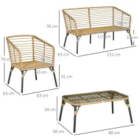 Set da Giardino 4 Pezzi in Rattan PE e Acciaio con 2 Sedie, Divano 2 Posti e Tavolino, Marrone Nero e Grigio
