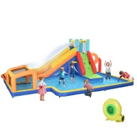 Castello Gonfiabile per Bambini 3-8 Anni con Scivolo, Parete, Porta e Canestro, in Tessuto Oxford, 590x460x220 cm