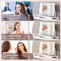 Specchio da Trucco con 14 Luci LED Regolabili e Ricarica USB, in Vetro e Metallo, 62.5x14x49.5 cm, Bianco