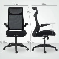 Sedia da Ufficio Ergonomica e Girevole in Rete con Supporto Lombare, Braccioli Ribaltabili, Poggiatesta e Basculante Nero
