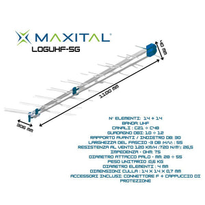 Maxital loguhf-5g antenna logaritmica uhf 28 elementi con filtro 5g