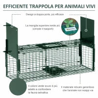 Gabbia Trappola per Animali Vivi Piccoli con Doppia Porta e Maniglia, 60x18x20cm, Verde Scuro