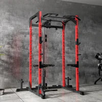 Stazione Fitness con Supporto per Bilanciere e Barra per Trazioni e Dip, in Acciaio, 191x153x205 cm, Rosso e Nero
