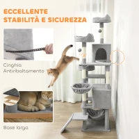 Albero Tiragraffi per Gatti con Scala, 2 Amache, 3 Posatoi, 2 Casette e 3 Piattaforme, 48x48x192 cm, Grigio e Crema