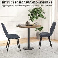 Set 2 Sedie da Pranzo con Schienale Ricurvo, in Tessuto Effetto Lino, Schiuma e Acciaio, 46x56x86 cm, Grigio e Nero