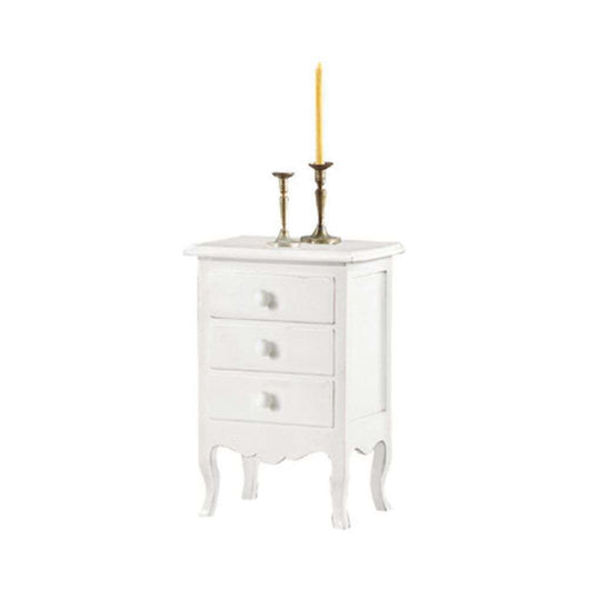 Comodino 3 cassetti arte povera in legno massello e mdf con rifinitura in bianco 43x32x64 H