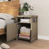 Comodino con Scaffale Aperto e Vano con Anta in Rattan, 40x35x55 cm, Legno Naturale